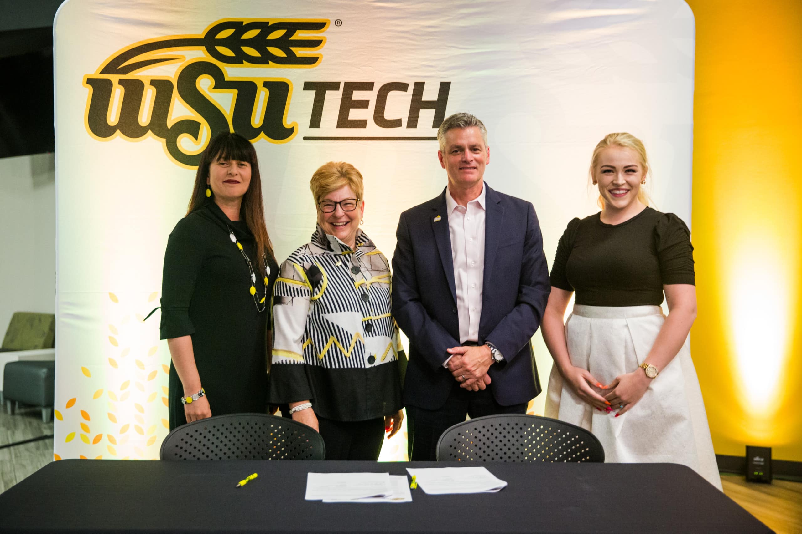 Sunil SrivastavaDr. Larisa Genin, dean of the Barton School of Business, Dr. Sheree Utash, President of WSU Tech, Dr. Rick Muma, President of Wichita State University and Hope Amor, WSU Barton School of Business Student, WSU Tech Graduate and 2021 Scholarship Recipient.