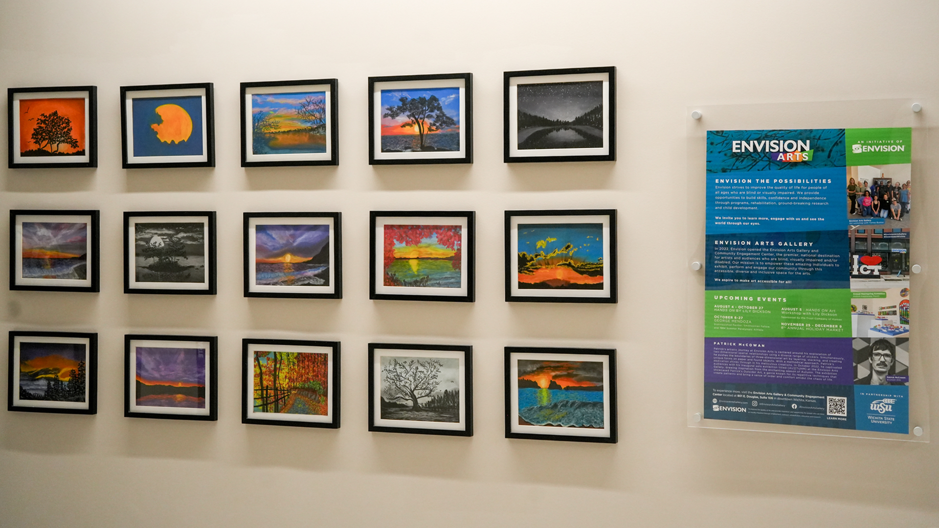 Woolsey Hall, the home of the W. Frank Barton School of Business at Wichita State University, has a new art installation in partnership with the Envision Arts Program. Cretchen Howarth is the forth visually impaired artist to be featured on the third floor of the Barton School.