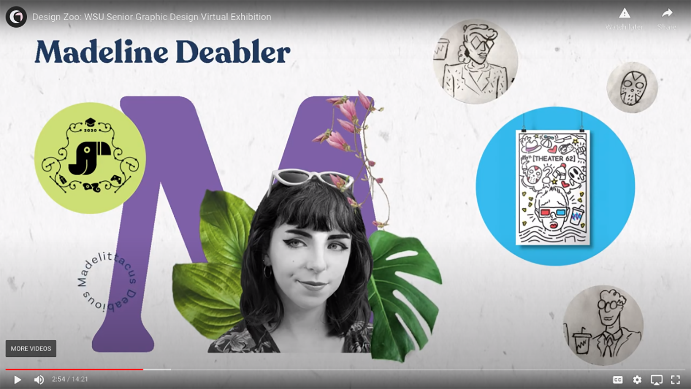 A screenshot of the graphic design BFA show Design Zoo video. Pictured is senior Madeline Deabler.