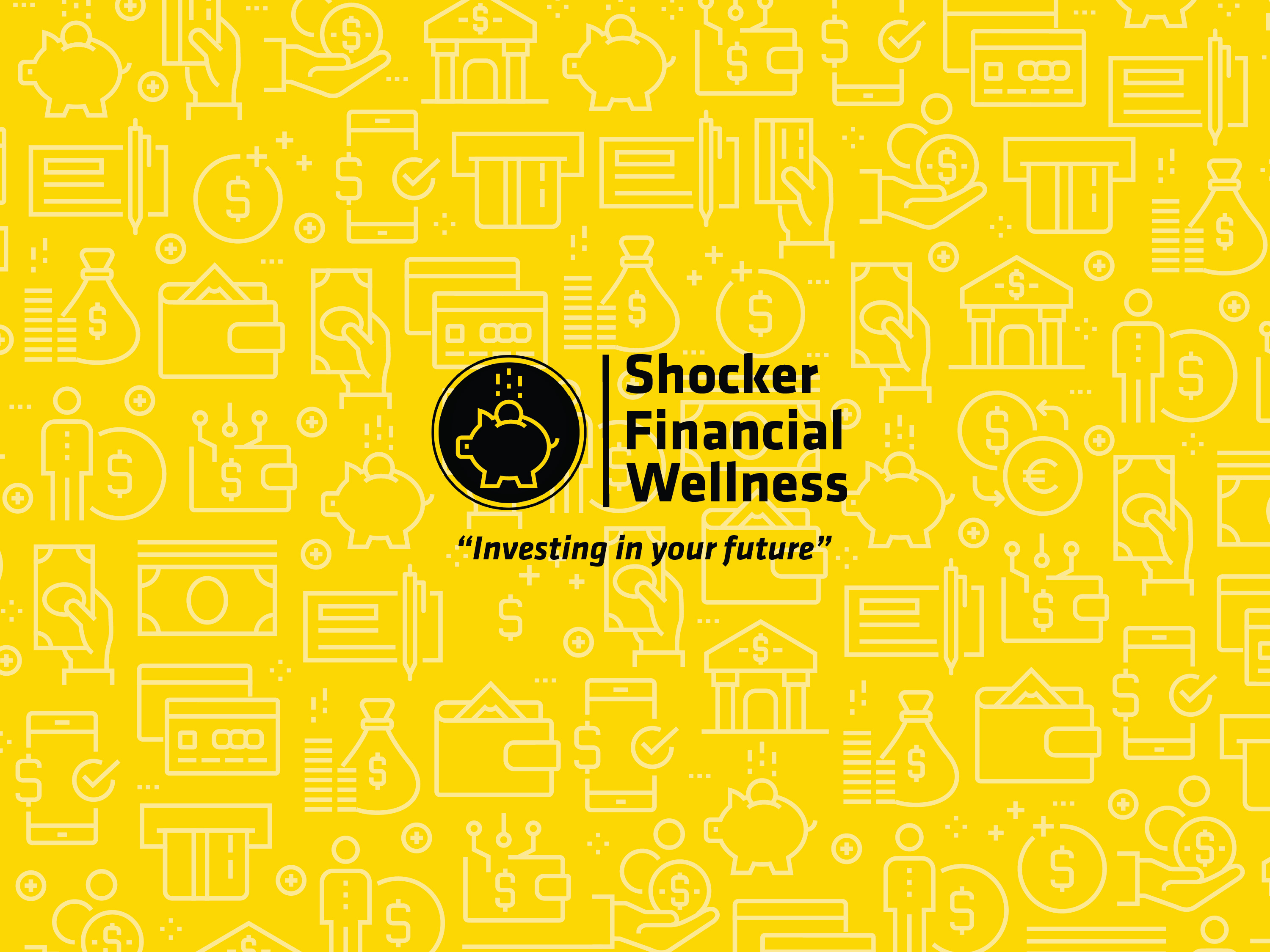 Black piggy bank over a yellow finances-themed pattern. Text says: Shocker Financial Wellness, investing in your future.
