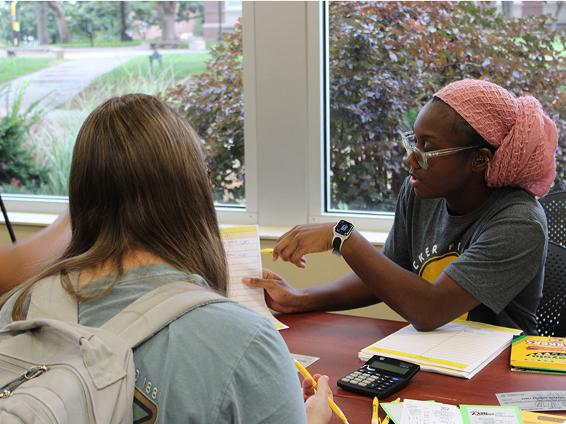 A photo of a Shocker Financial Wellness peer counselor lecturing to a group of students.