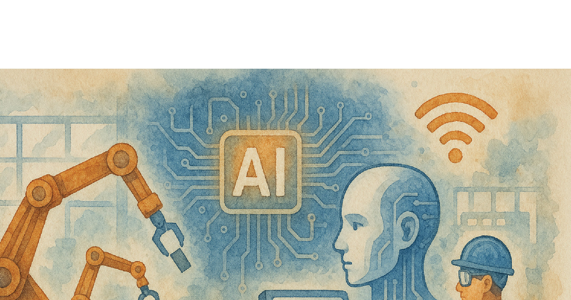 AI generated image of robotic arms working on a line with a person at a computer