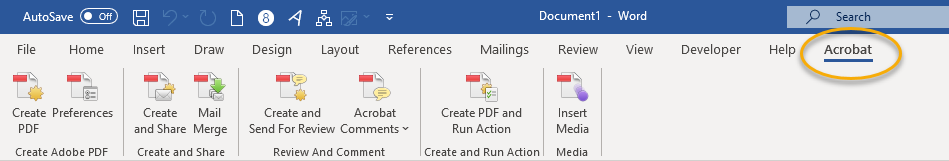 Acrobat tab in Word ribbon
