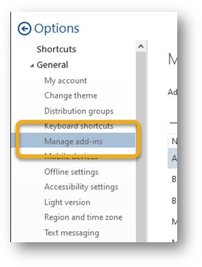 General section, Manage Add Ins